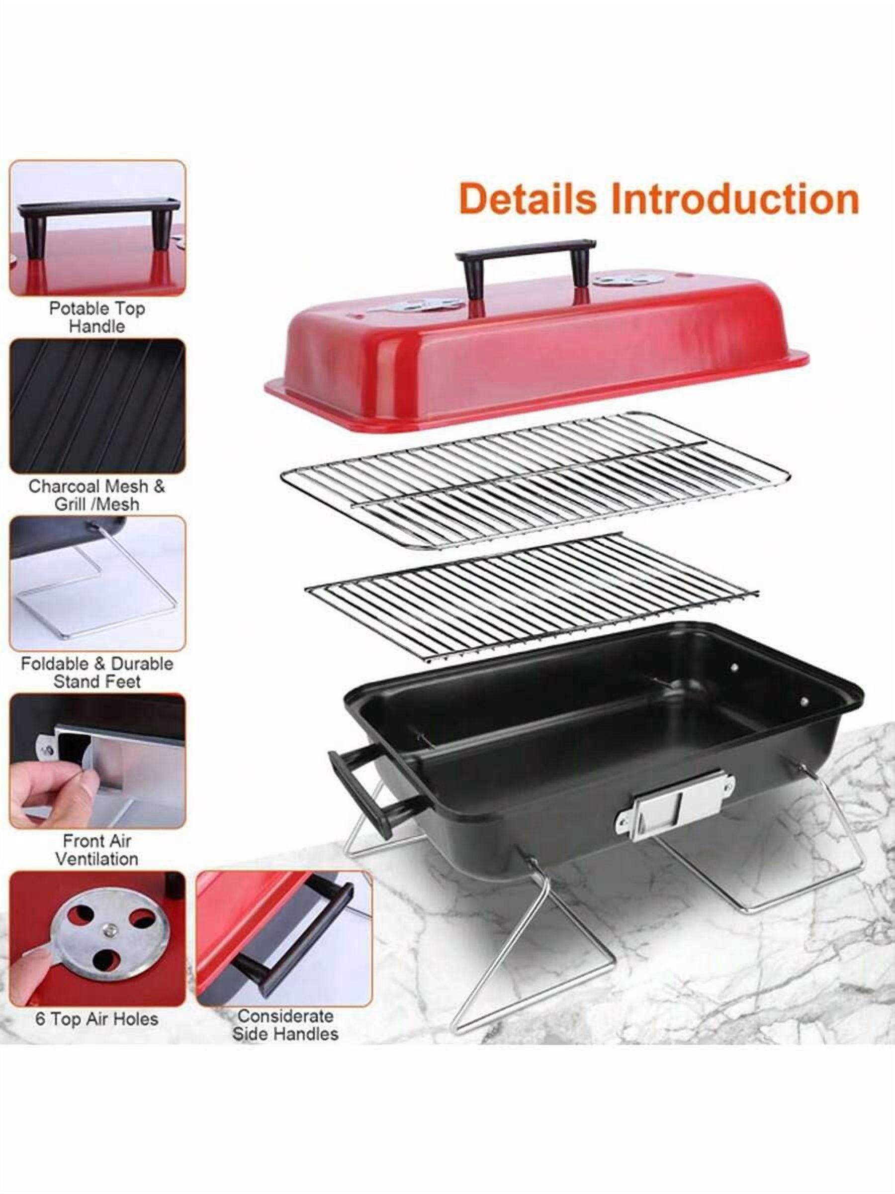 Foldable Portable Charcoal Grill With Lid - Compact Tabletop BBQ Grill For Backyard, Camping, Picnic & Beach, Outdoor Bonfire Cooking Kit