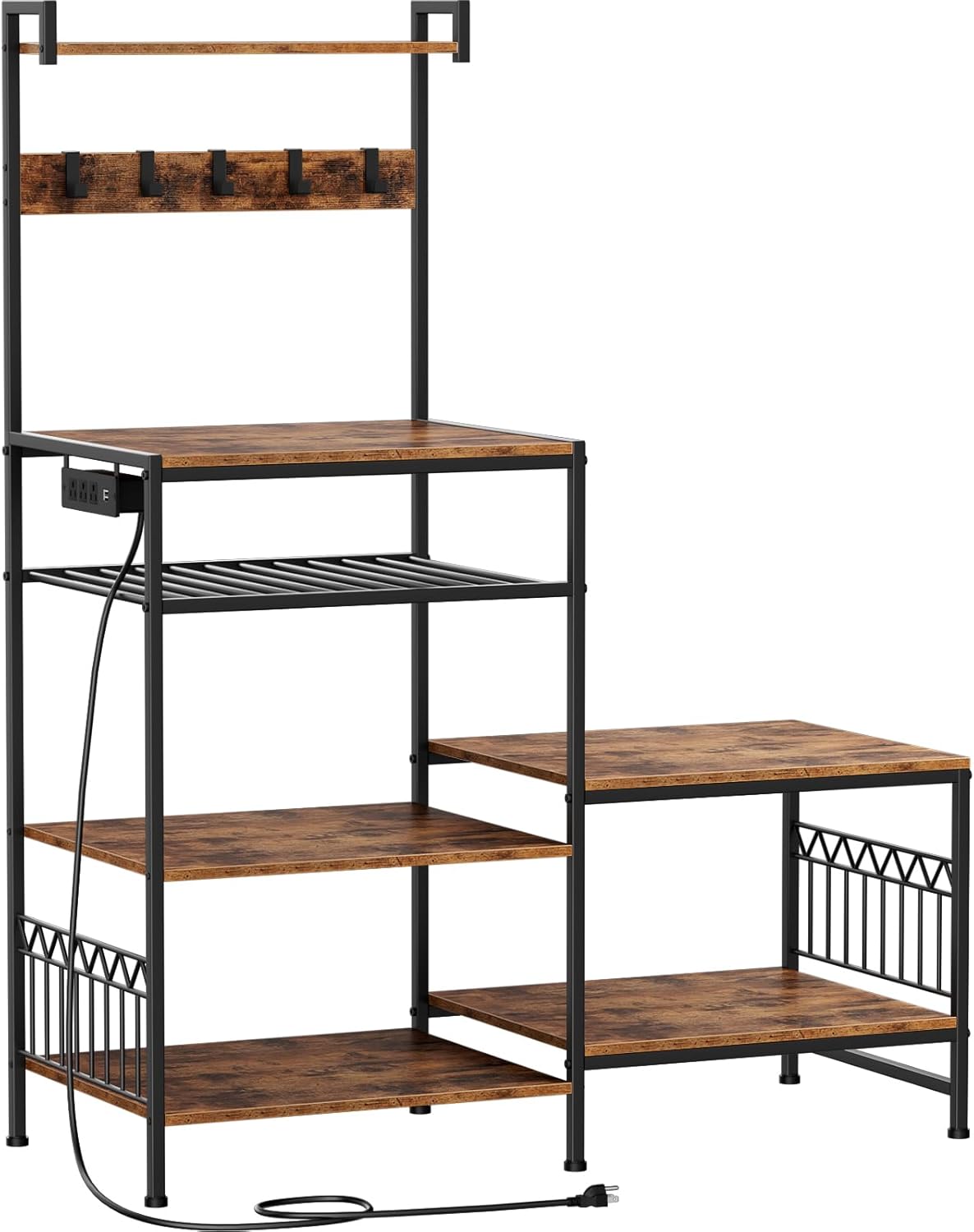 Kitchen Shelf Bakers Rack with Power Outlet, Mini Fridge and Microwave Stand Coffee Bar Table with S-Hooks, Storage Shelf Rack for Spices, Pots and Pans - Rustic Brown