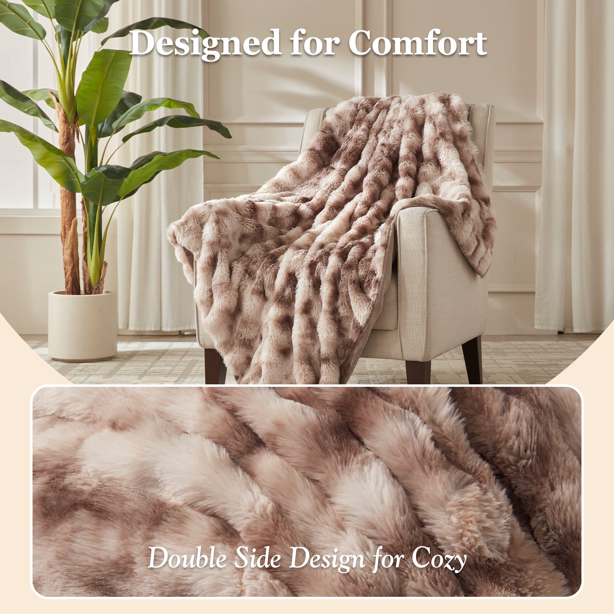 COZY@HOME Heated Blanket,Plush Thick Faux Fur Throw Size 62"x84", Patterned Taupe, 5-Min Fast Heating 6 Heating Levels & 10 Hours Auto-Off, Machine Washable