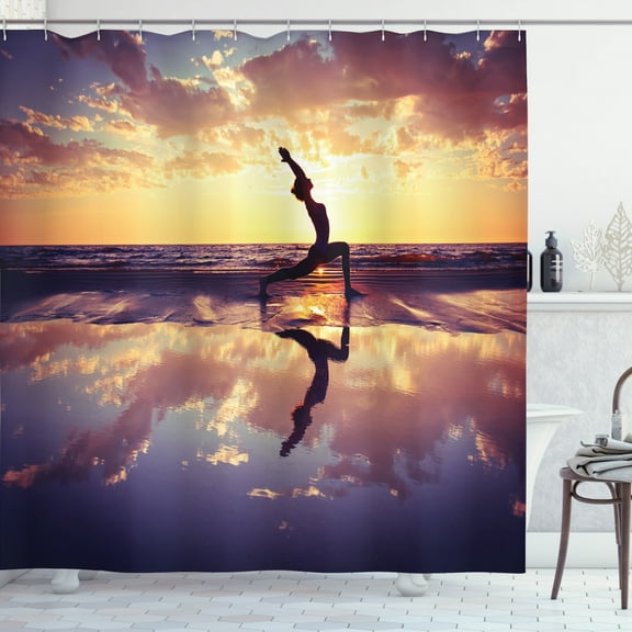 Ambesonne Yoga Shower Curtain, Woman on Beach Dramatic, 69"Wx70"L, Yellow Blue Dark Brown