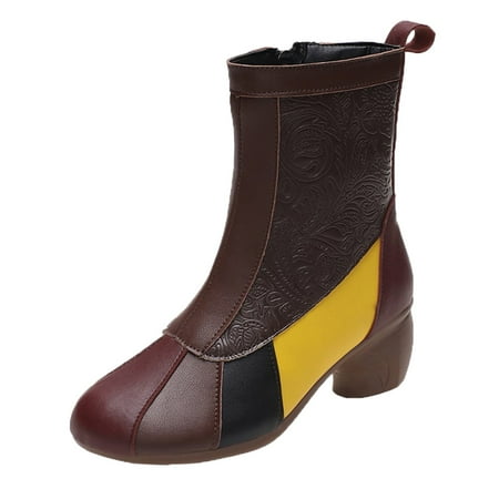 

Women Fashion Waterproof Snow Boots Ladies Fashion Colorblock Thick Heel Soft Leather Soft Bottom Round Toe Printed Velvet Boots Zipper Winter Ethnic Mid Boots