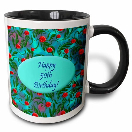Birthday Mugs 3dRose Wild Blue 50th Birthday Design - Two Tone Black Mug, 11-ounce ()