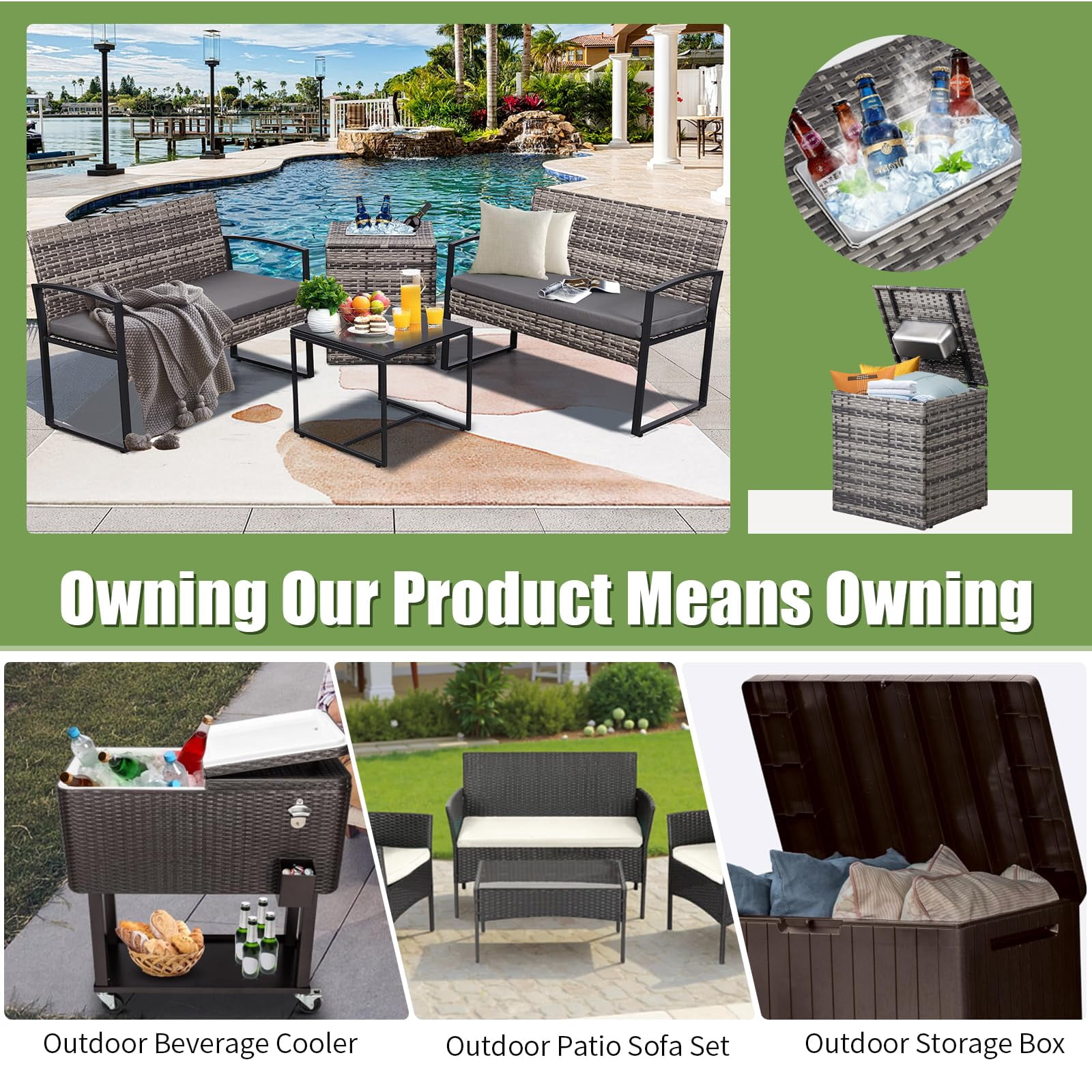 4 Piece Outdoor Patio Furniture Set,Wicker Conversation Sets Patio Sofa Couch with Built-in Beverage Cooler Storage Box & Coffee Table for Outside, Garden, Balcony, Porch,Grey/Grey