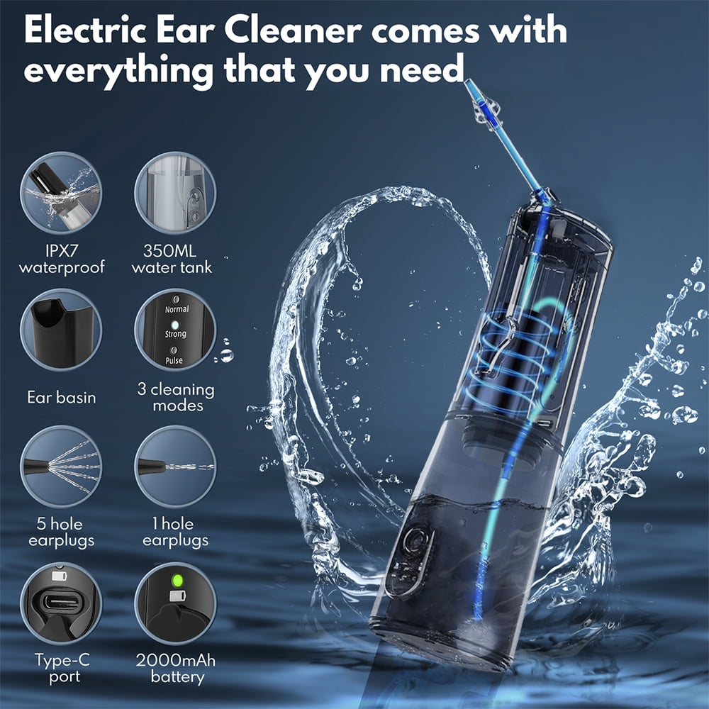 Ear Wax Removal Kit - Water Powered Ear Cleaner with 4 Reusable Replacement Tips and 3 Water Pressure Modes, Safe Electric Ear Wax Removal Tool, IPX7 Waterproof USB-C Rechargeable