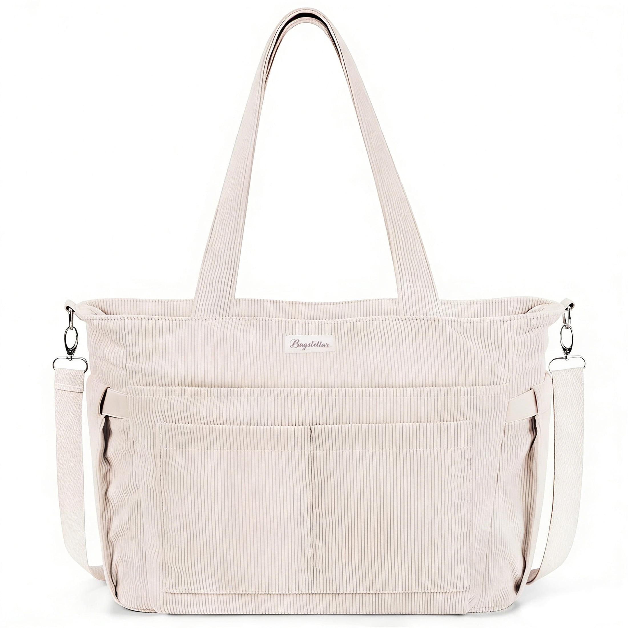 Corduroy Tote Bag for Women, Lightweight Work Laptop Tote Purse With 17 Pockets, Crossbody Shoulder Handbag for School Work Travel Gym, Beige