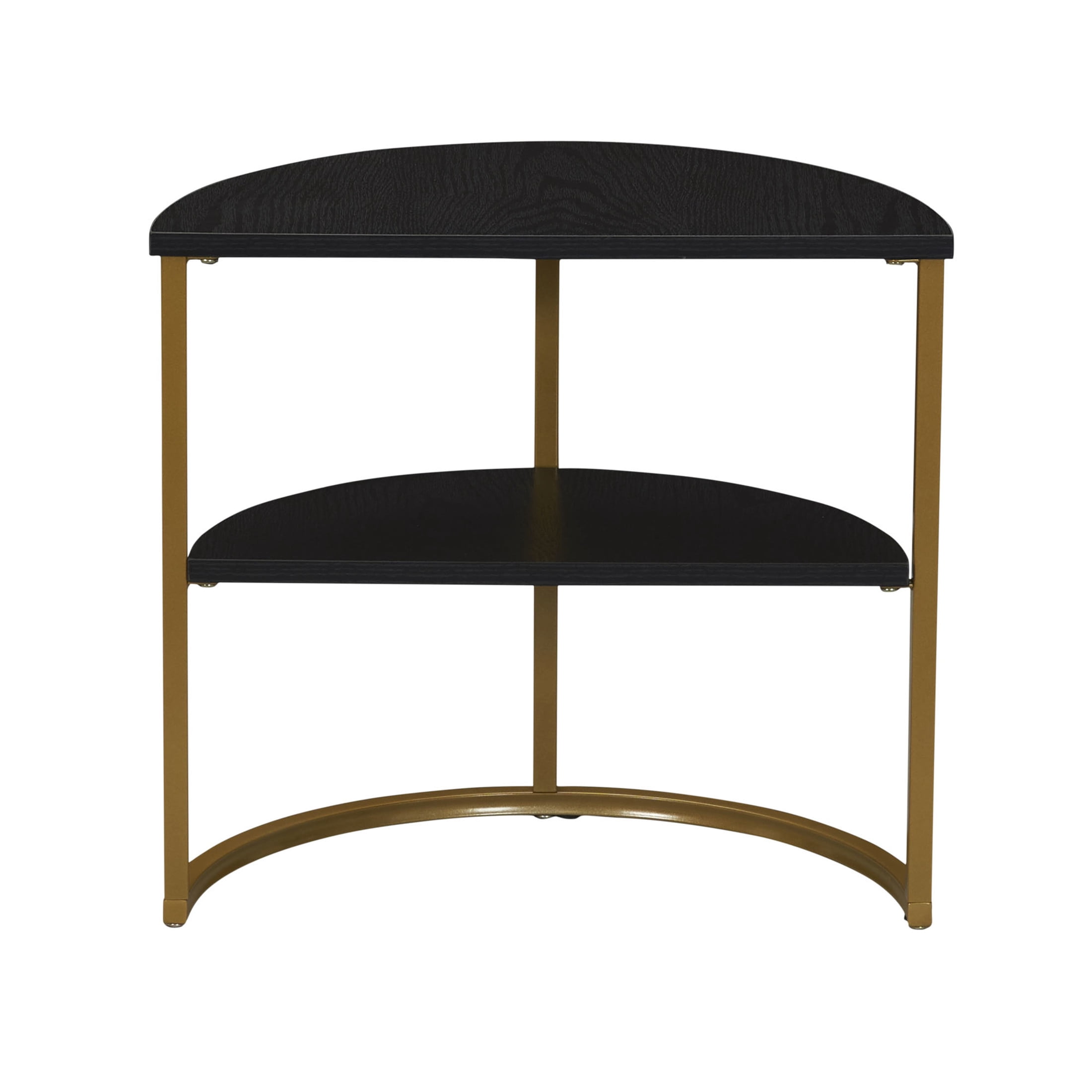 Household Essentials Half Moon Side End Table with Storage Shelf Black Oak Wood Grain and Gold Metal