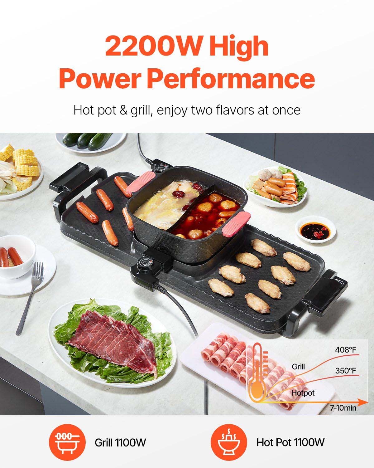 Hot Pot with Grill 2300W 2-in-1 Electric Smokeless BBQ Pan, 3.25L Removable Pot, Double Flavor Grill, Boil Fry Stew, Family Size