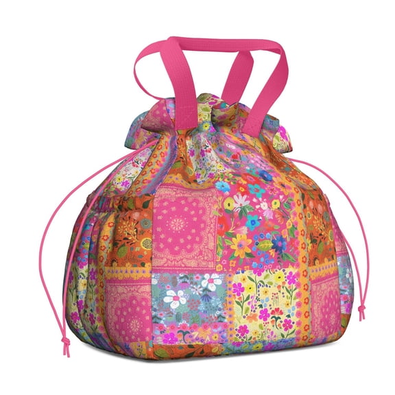 Boho Bohemia Flower Drawstring Lunch Bag Women - Drawstring Lunch Bag Insulated for Work Office - Stain-Resistant Large Lunchbags for Women with Multi-Pockets