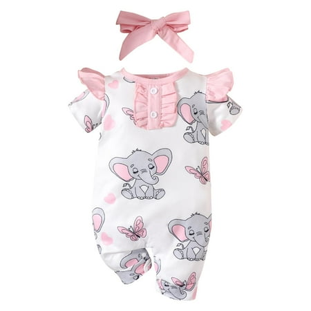 

Follure Baby Girls Spring Summer Elephant Print Short Sleeve Headbands Romper Jumpsuit Clothes Girls Clothes 9month Baby Girl