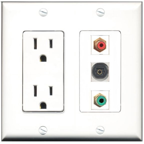 RiteAV - 15 Amp Power Outlet 1 Port RCA Red 1 Port RCA Green 1 Port Toslink Decorative Wall Plate