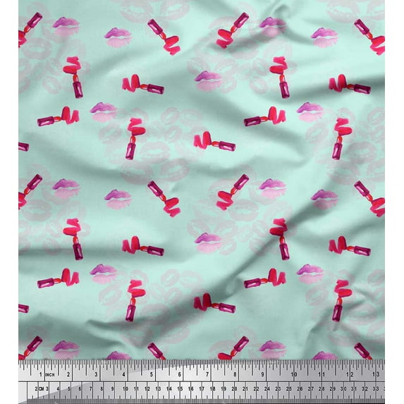 Soimoi Green Moss Georgette Fabric Lips & Lipstick Fashion Print Sewing Fabric Yard 42 Inch Wide
