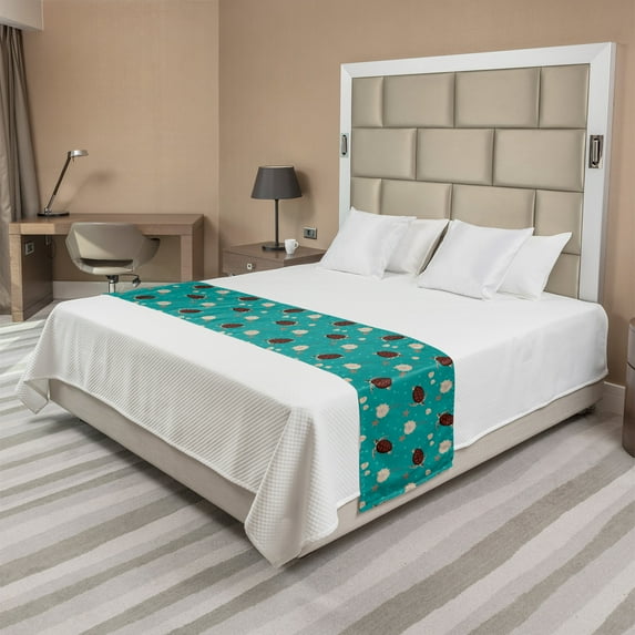 Marine Bed Runner, Continuous Bubbles Turtles Starfish and Shells, Decorative Accent Bedding Scarf for Hotels Homes and Guestrooms, Queen, Dark Seafoam Chocolate, by Ambesonne