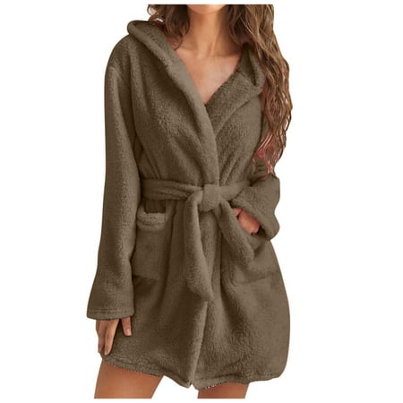 

REORIAFEE Robe for Women Bathrobe Cute Robe Soft Winter Spa Robes Soft Color Winter Sashes Pockets Fleece Faux Sleepwear Dress Nightgowns Coffee S