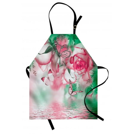 Rosewater For Baking Spring Apron Refreshing Rose Petals and Butterfly Water Romance Beauty Bouquet Design, Unisex Kitchen Bib Apron with Adjustable Neck for Cooking Baking Gardening, Jade Green Pale Pink, by Ambesonne ()