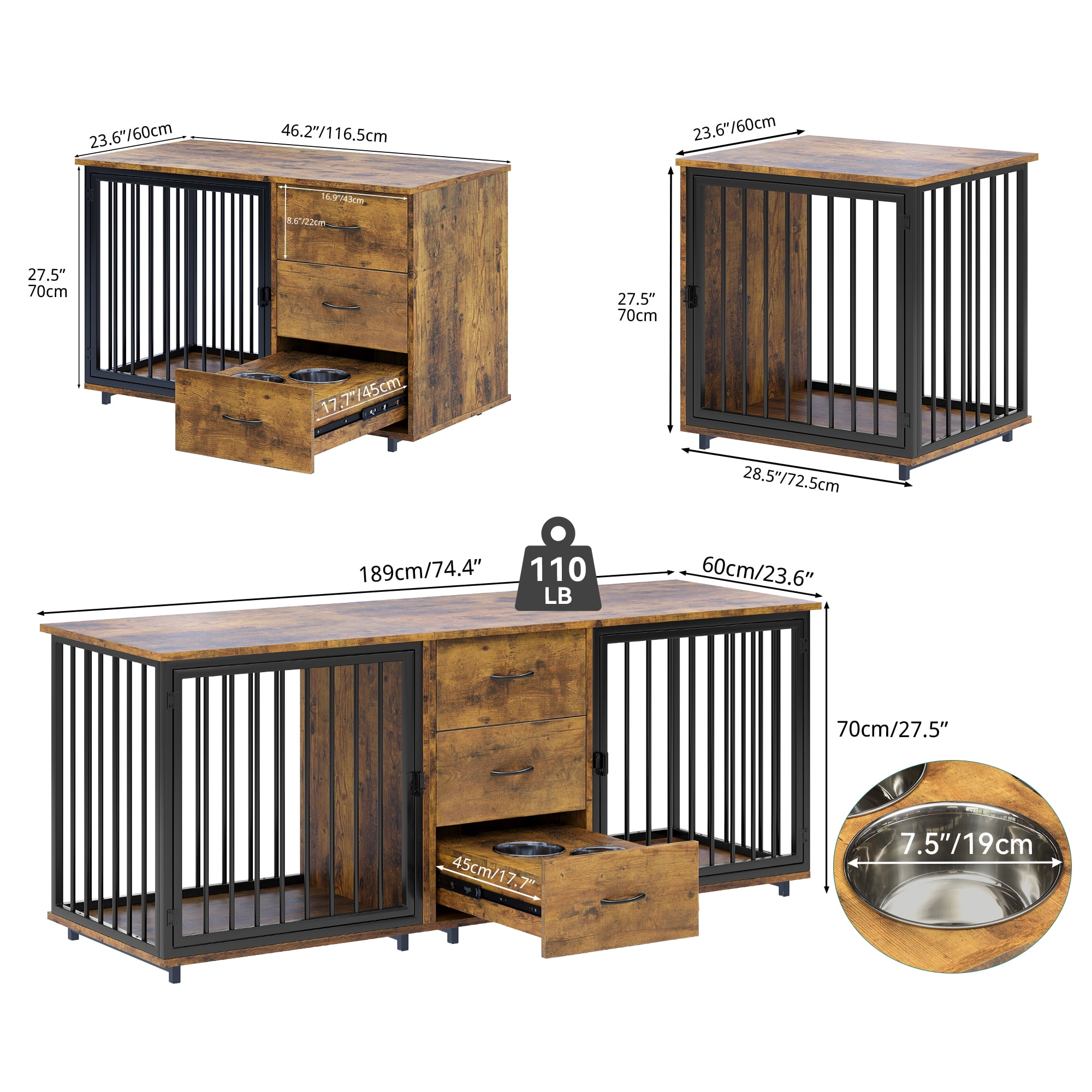 Dextrus 74" Large Double Dog Crate Kennel Furniture with Divider and 2 Drawers&2 Feeder Bowls,for 2 Medium or Large Dogs, Rustic Brown