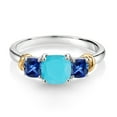 thumbnail image 2 of 925 Sterling Silver and 10K Yellow Gold Green Turquoise and Blue Created Sapphire 3 Stone Engagement Ring for Women (1.59 Cttw, Cushion Cut 6MM and 4MM, Available in Size 5, 6, 7, 8, 9), 2 of 4