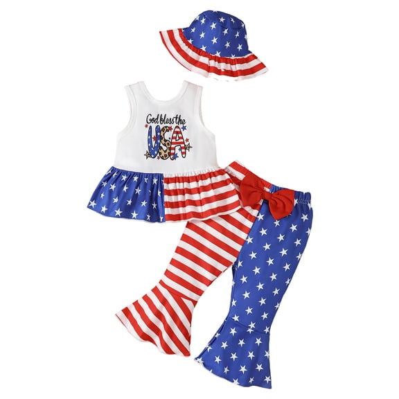 Karoyedx Toddler Patriotic Clothes Girls Clothes 4th of July Outfits Patriotic T Shirts American Flag Pleated Pants 2 Piece Set Spring Summer Outfit White Size,6-9 Months