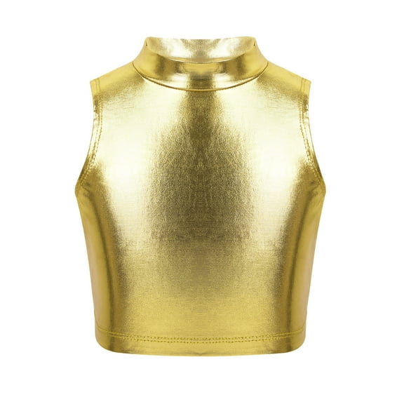 Xnihocha Kids Girls Sleeves Turtleneck Metallic Crop Top for Ballet Dance Gymnastic Athletic Sports Gold 10