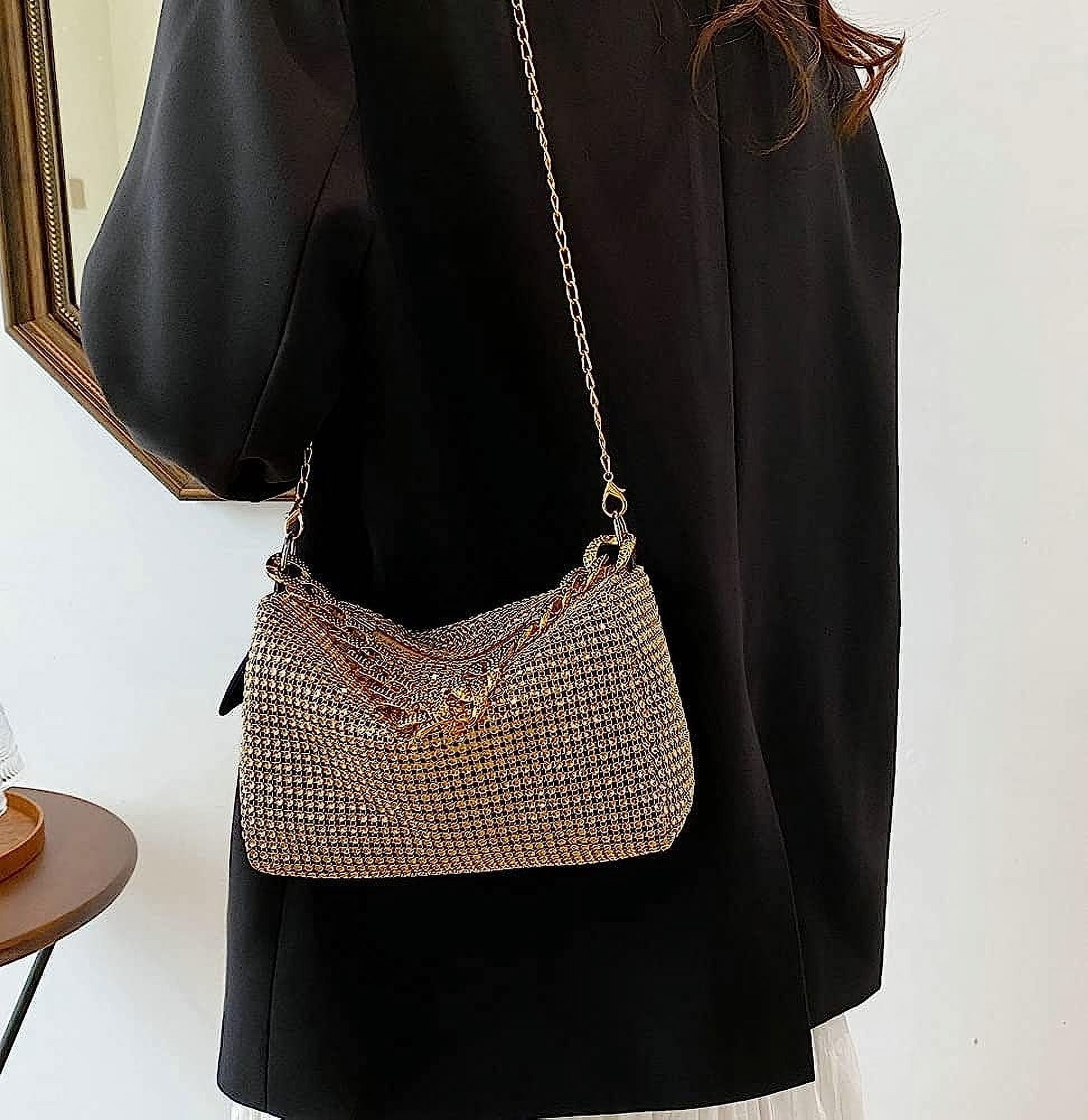Kukuzhu Rhinestone Clutch for Women Sparkling Chain Evening Handbags Silver Purse Bling Hobo Handbag for Wedding Cocktail Party