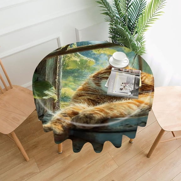RKSupls 60 Inch Round Tablecloth, Sleeping Cat Windowsill Premium Polyester Straight Edge Wrinkle Resistant Washable Table Cover for Party Home Dining Decor