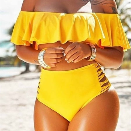 Women s Two Piece Bikini Hawaiian Tropical Print Swim Ruffles Strapless Bra Beachwear Yellow XXXXXL