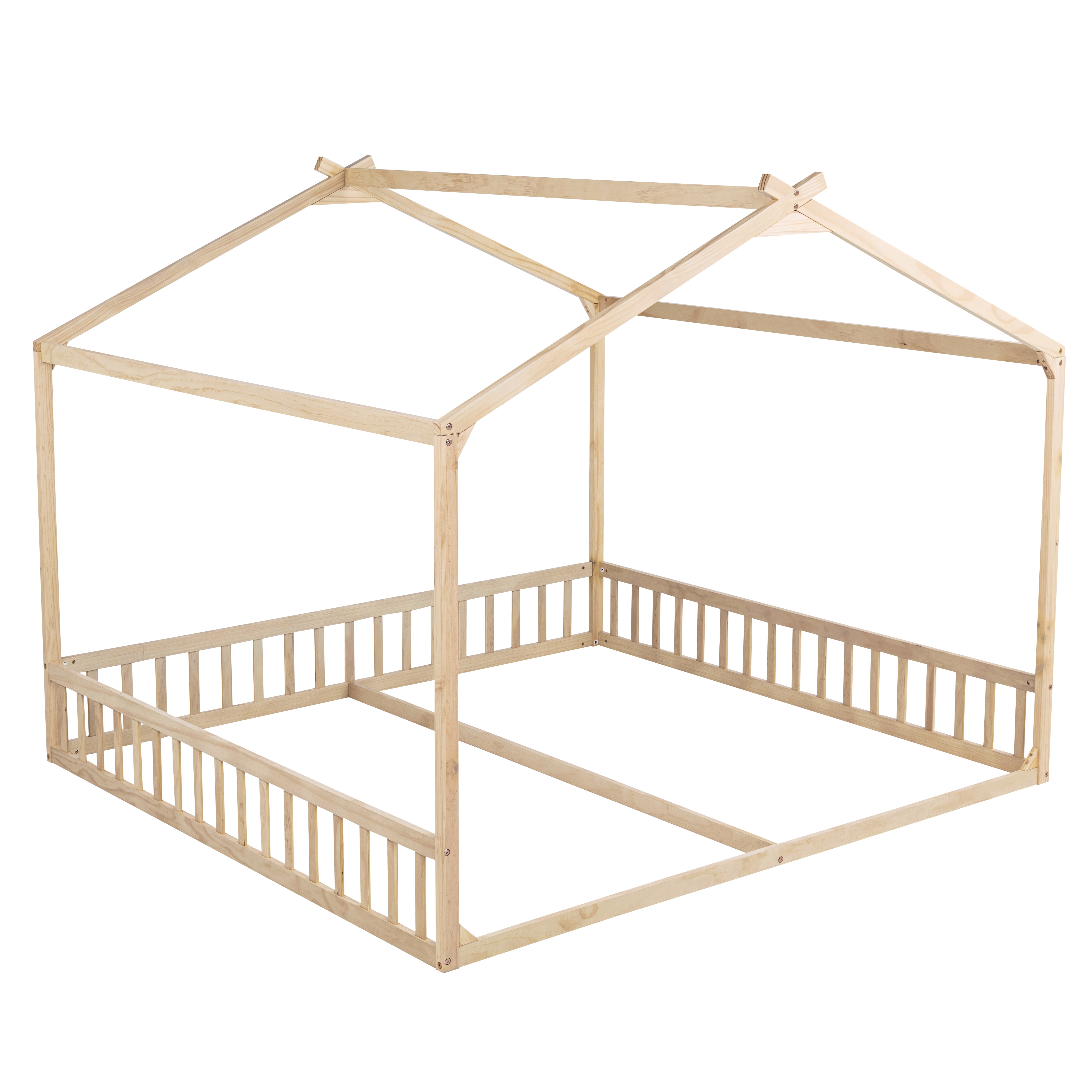 GARITIN Double Twin House Shaped Floor Bed 77.4 Inch, Kids Floor Bed with Safety Guardrails for Children Shared Bedroom, Natural