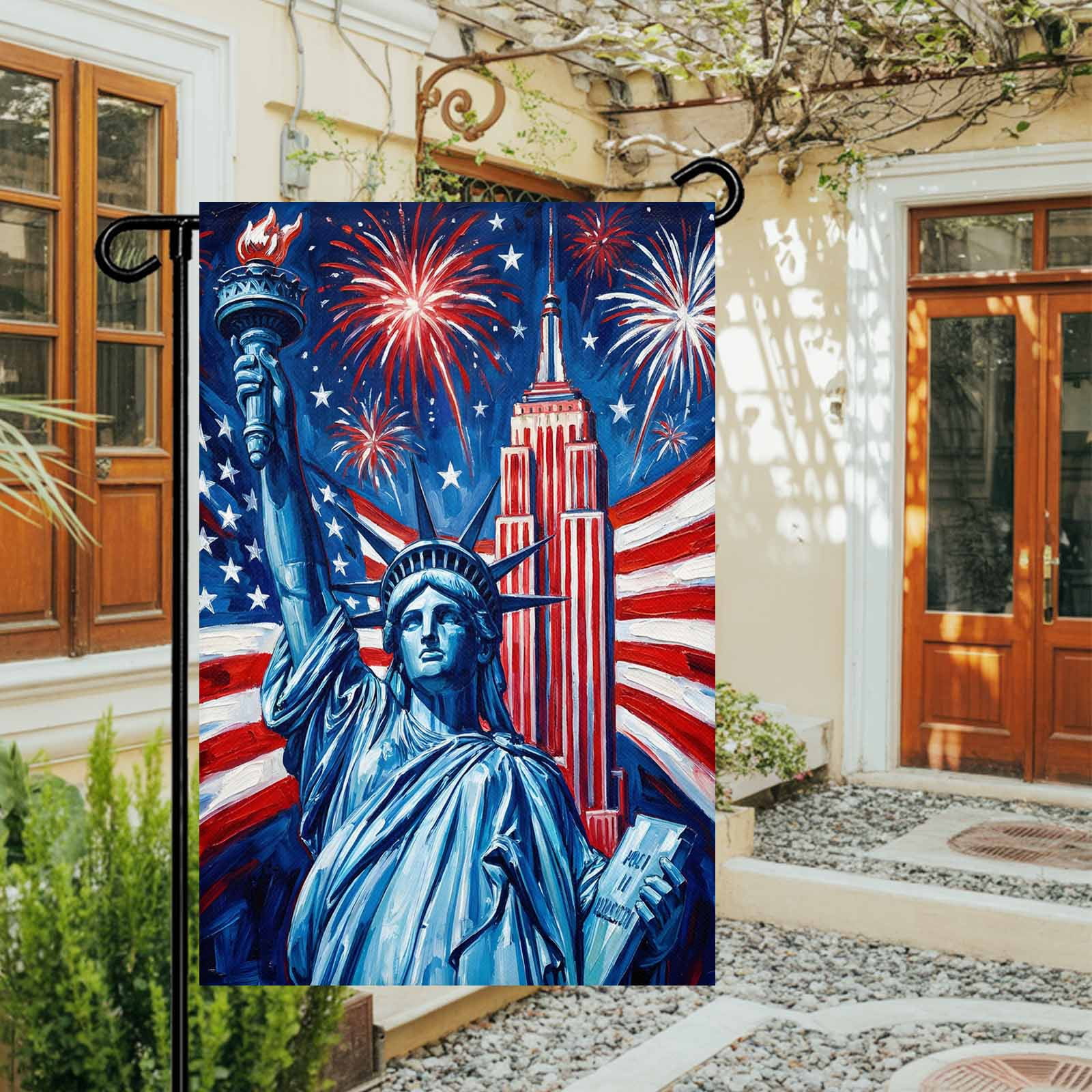 4th of July Garden Flags Statue of Liberty Garden Flag Double Sided Welcome Flag USA Flag Fireworks Cityscape Independence Day Yard Flags for Outdoor Lawn Porch Memorial Day Holiday Decor 28x40 Inch