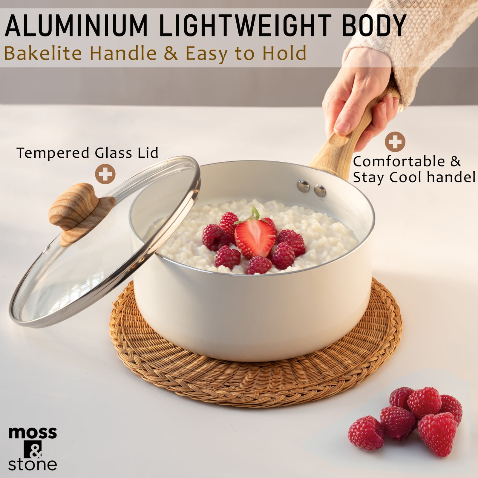 Moss & Stone 6 Piece White Nonstick Cookware Set, Pots And Pans Set Non stick With Glass Lid, Induction Cookware, Stay-Cool Handles, PTFE/PFOA Kitchen Cookware 6-Piece with Frying Pans Set & Saucepan