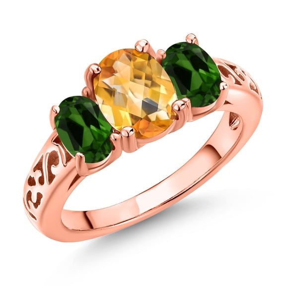 Gem Stone King 18K Rose Gold Plated Silver Yellow Citrine and Green Chrome Diopside Filigree Style 3 Stone Ring for Women (2.35 Cttw, Oval 8X6MM and 6X4MM) (Size 7)