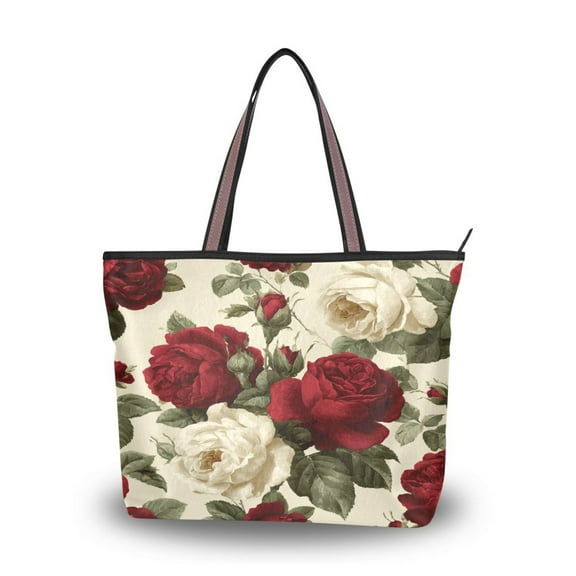 Women's Tote Handbag Cloth Handbag Large Tote Bag Shopping Bag Red and White Roses
