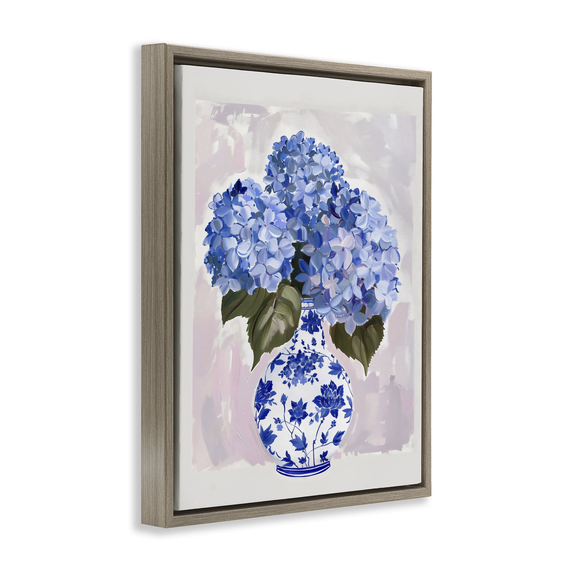 Stupell Industries Blue Hydrangea in Porcelain Vase Brown Framed Floater Canvas Wall Art, design by The Prints Vibe