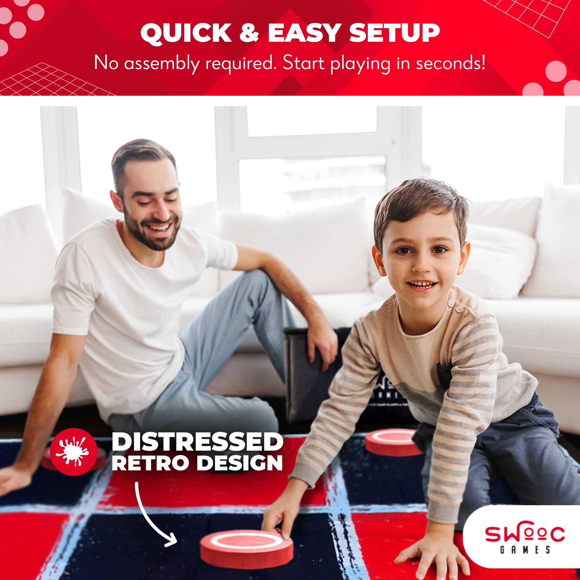 Swooc Games® - 2-in-1 Vintage Giant Checkers & Tic Tac Toe Game W/ Mat (4ft x 4ft) - 100% Machine-Washable Canvas - Giant Outdoor Games For Kids - Giant Lawn Games - Yard Games For Kids - Giant Games