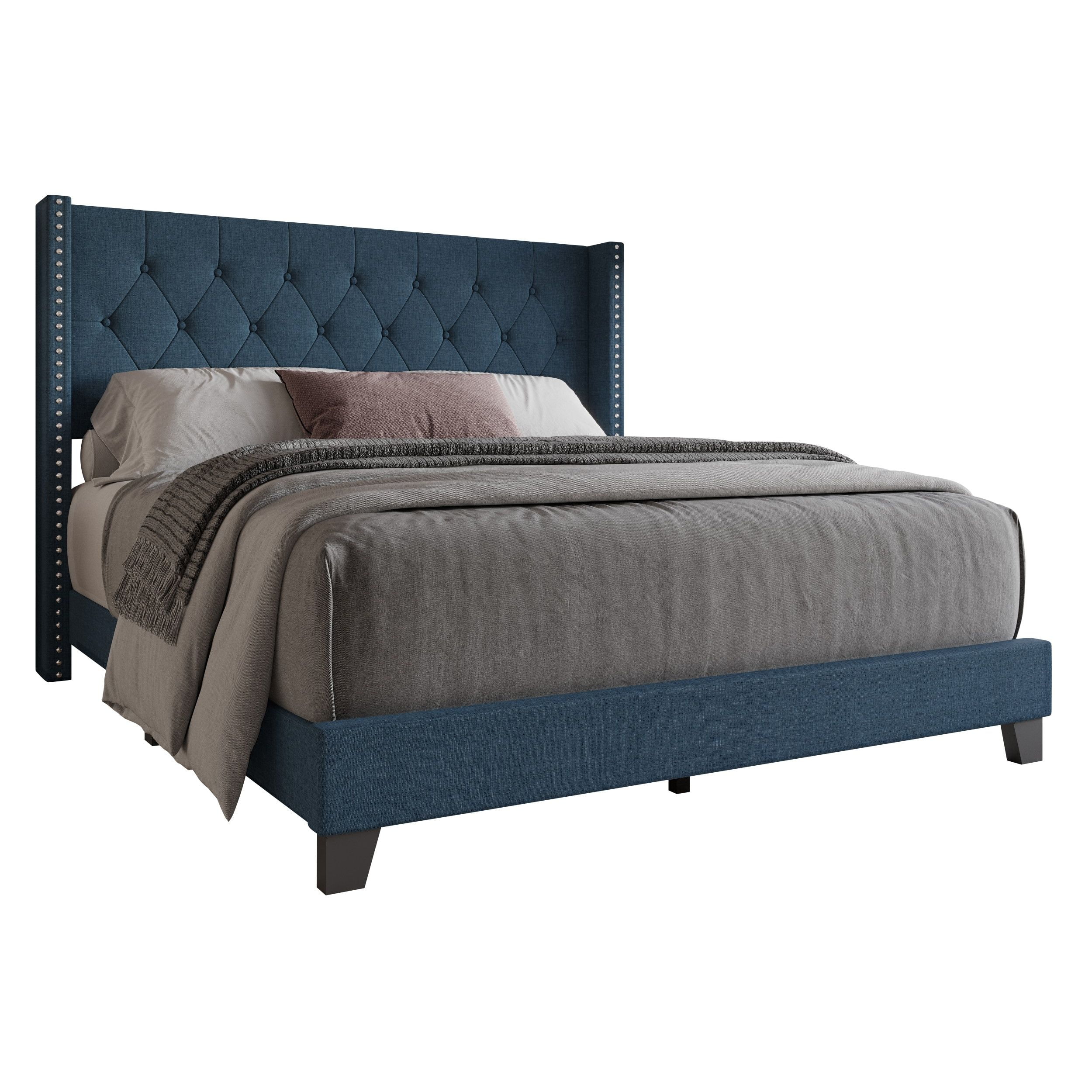 Home Design Homer King Button-Tufted Wingback Upholstered Panel Bed Frame with Nailhead Trim design for Adult, Denim Blue, Easy Assembly
