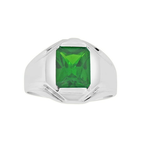 Sterling Silver White Rhodium, Classic Ring Men Guy Gent Created May Birthstone Green CZ Crystals