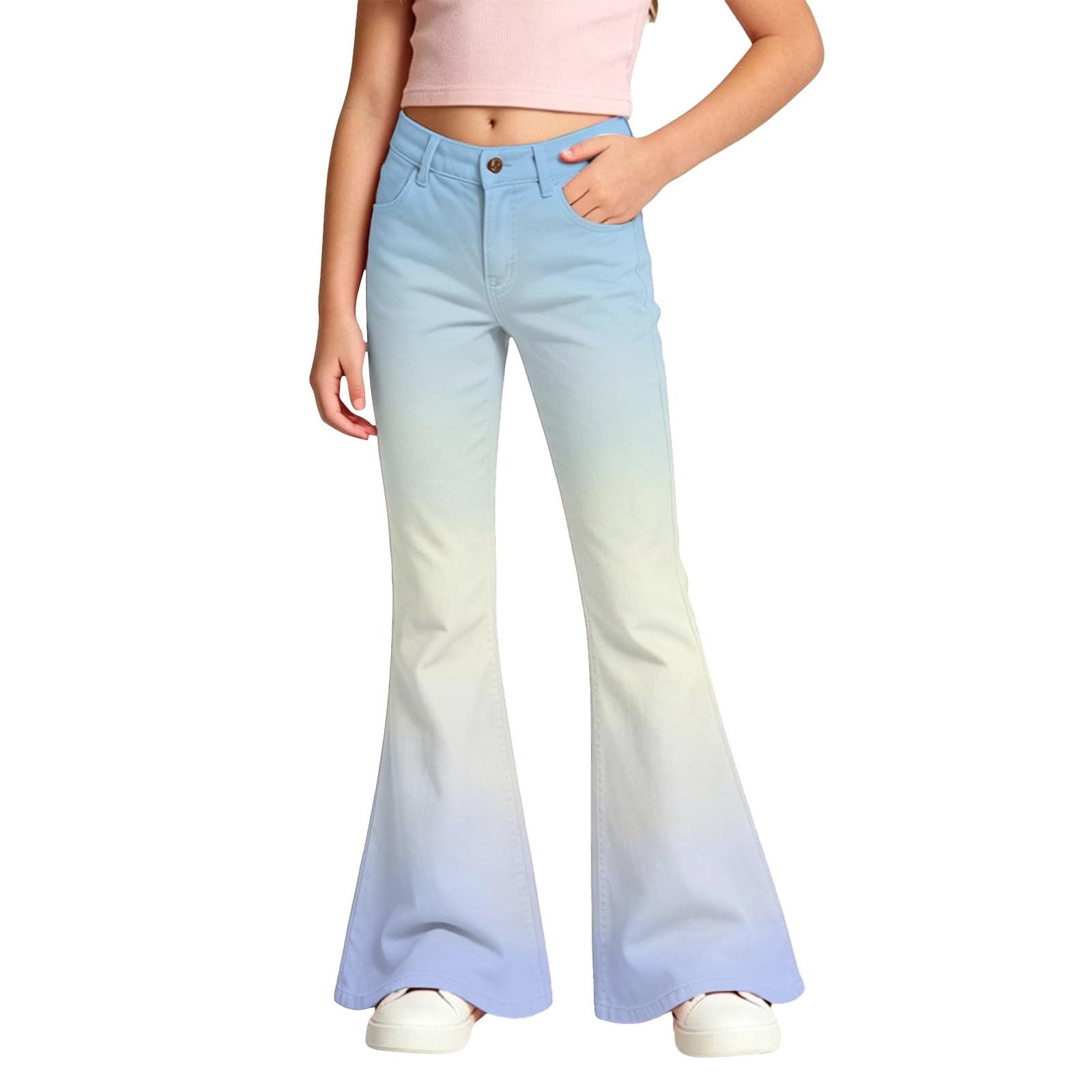 Pandaie Teen Girls Gradient Flare Denim Pants High Waist Bell Bottom Trousers with Front Pockets Stretch Soft Jean 5T 6T 7T 8T Street Daily Casual Style Sky Blue 11-12 Year