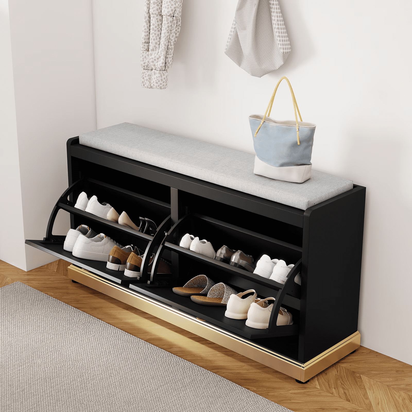 Modern Shoe Bench with Storage, Entryway Bench with 2 Flip Drawers & Padded Cushion Seat, Upholstered Shoe Rack Organizer for Hallway, Closet, Living Room