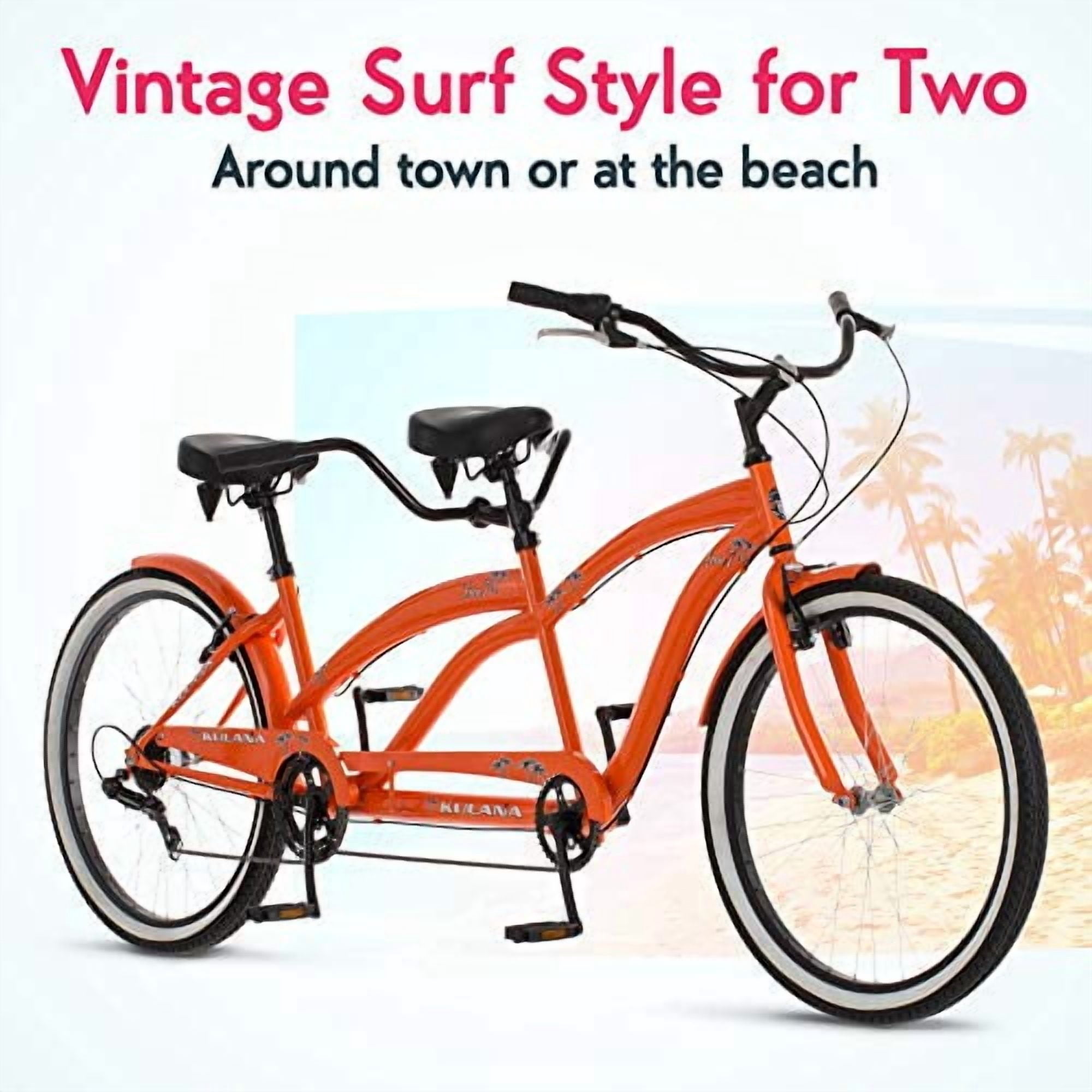 Kulana Lua Tandem Adult Beach Cruiser Bike, 26-Inch Wheels, 7-Speed, Orange