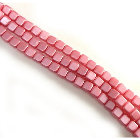 Czech Glass Square Beads - Pink 6mm Square Glass Czech Two Hole 25 Tile, Loose Beads,