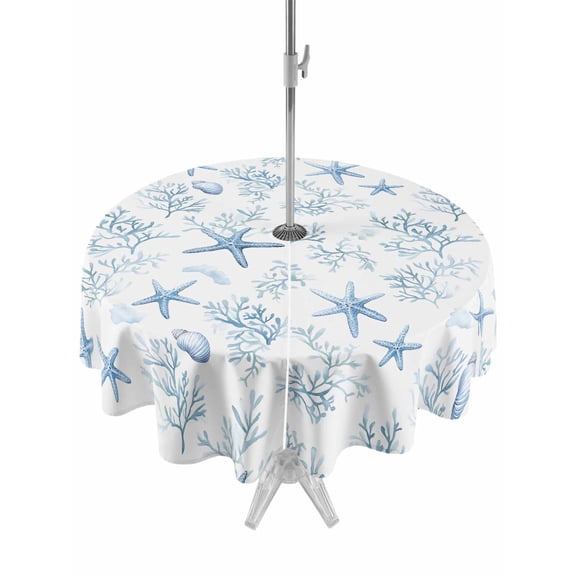 Outdoor Table Cloth with Umbrella Hole and Zipper, Coastal Coral Waterproof Round Tablecloth 54 Inch, Ocean Starfish Blue Conch Summer Sea Washable Table Cover for Outside Party Patio Picnic