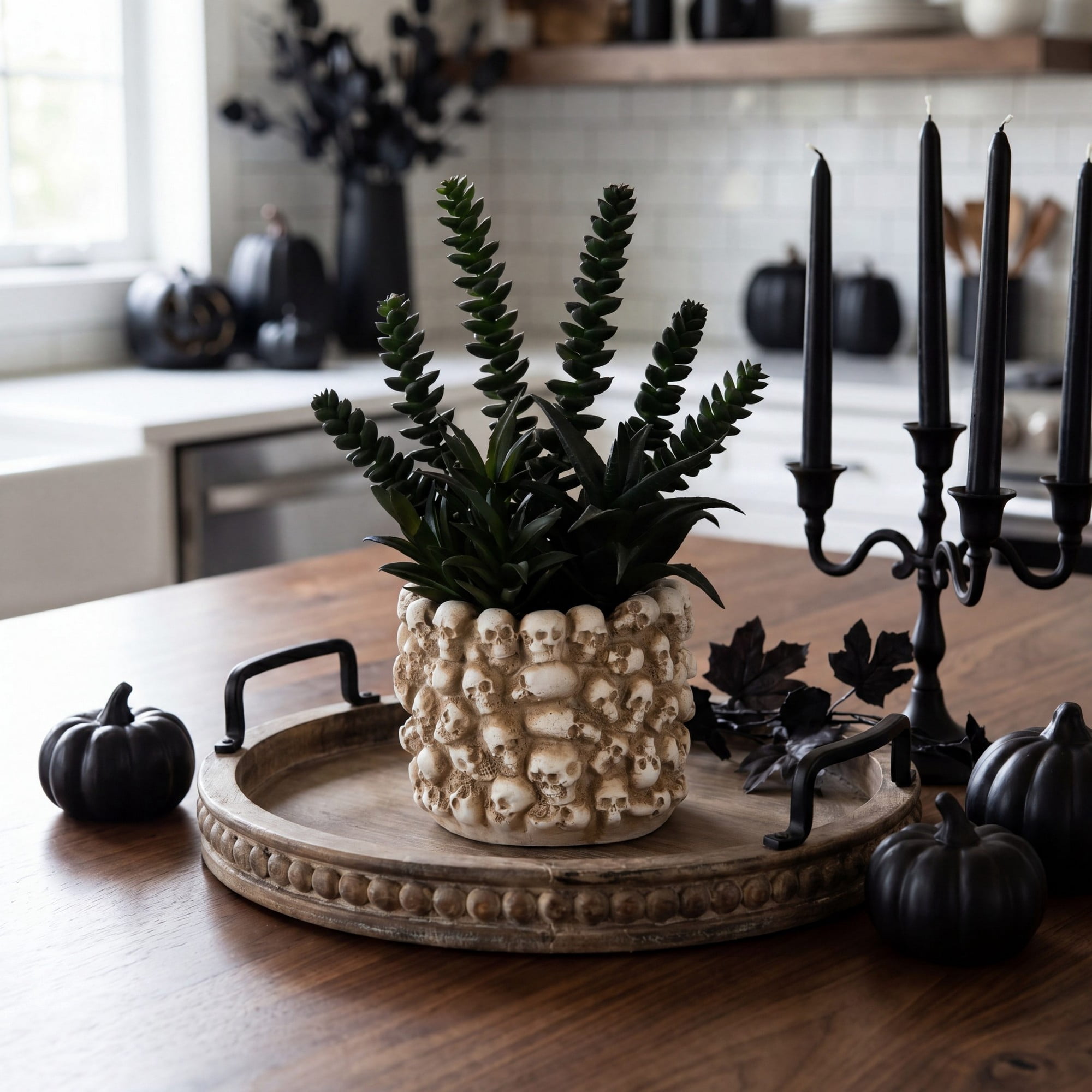 9in. Artificial Halloween Succulent Garden in Gothic Skull Planter