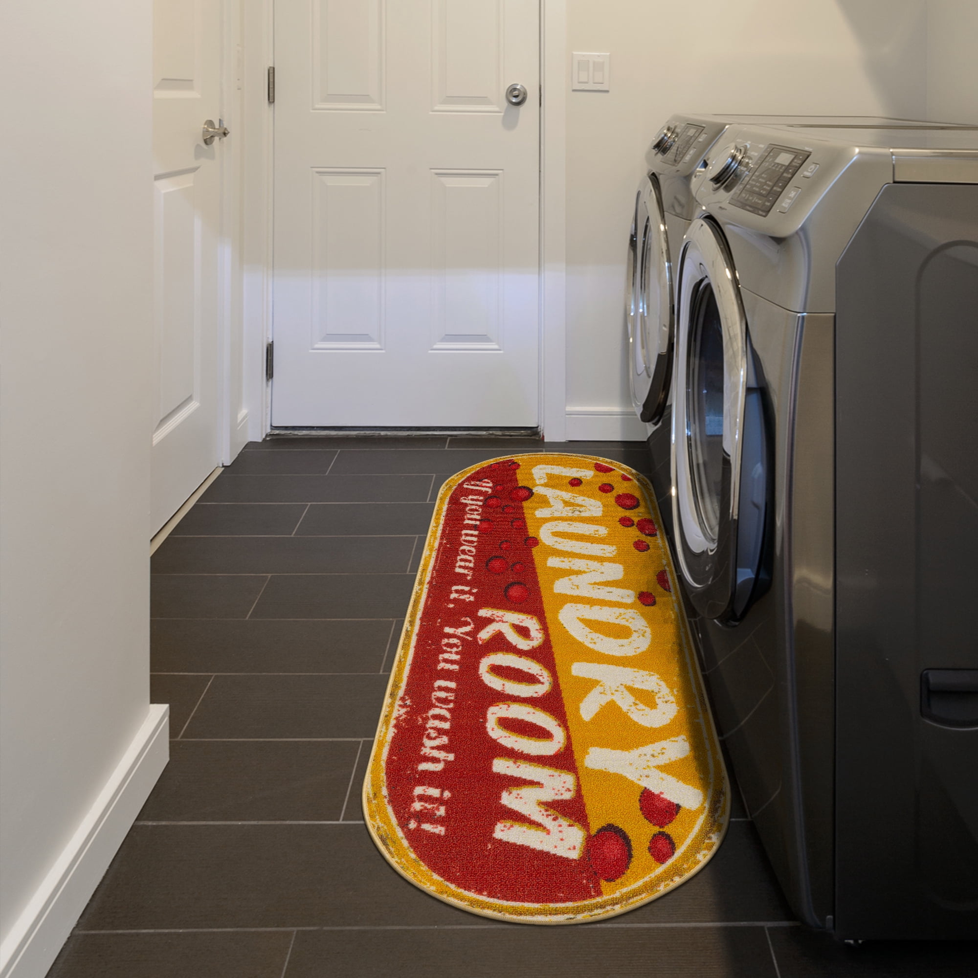 Ottomanson Non-Slip Rubberback Text 2x5 Laundry Room Runner Rug, 20" x 59" Oval, Red/Yellow