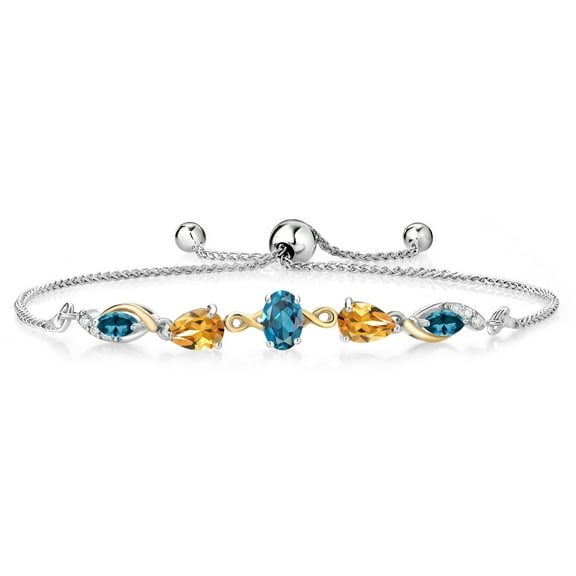 Gem Stone King 925 Silver and 10K Yellow Gold London Blue Topaz and Yellow Citrine and Lab Grown Diamond Tennis Bracelet for Women By Keren Hanan (1.66 cttw, Adjustable up To 9 inch)