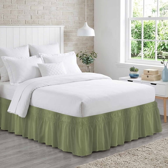 Olive Green Gradient Bed Skirt Queen Size 16 Inch Drop, Abstract Rustic Sage Green Minimalist Adjustable Elastic Dust Ruffles Bedskirt for Queen Bed Wrap Around Pleated Mattress Frame Cover