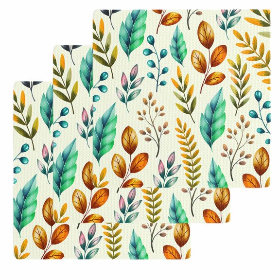 Spring Botanical Kitchen Dish Towels for Drying Dishes Set of 3, Watercolor Leaves Floral Rustic Cream Waffle Weave Microfiber Hand Tea Bathroom Towels Quick Dry & Absorbent Towel 12x12