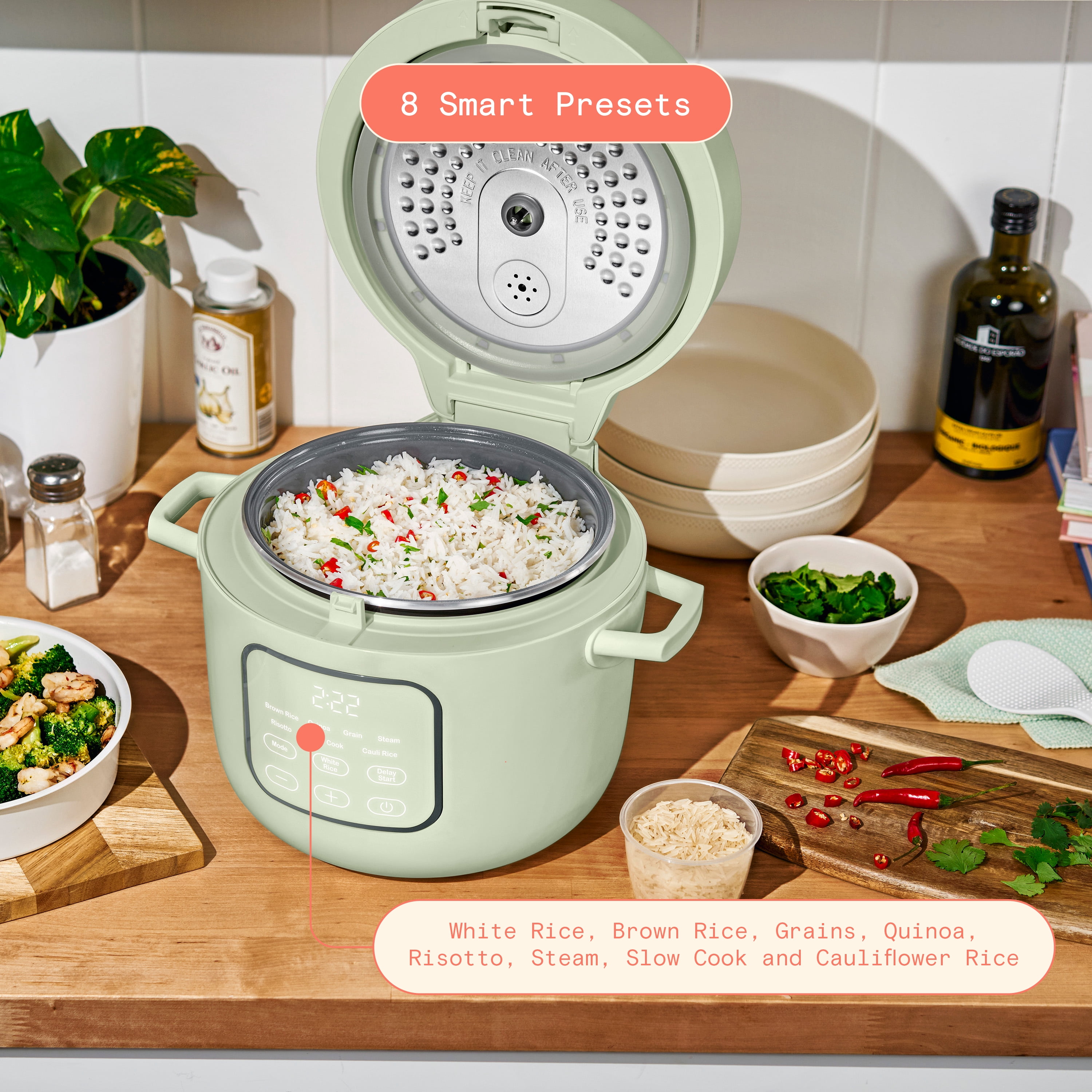 Beautiful 14-Cup Cooked, 6-Cups Uncooked Electric Rice and Grain Cooker, EverGood™ Ceramic Nonstick Coating, Sage Green by Drew Barrymore