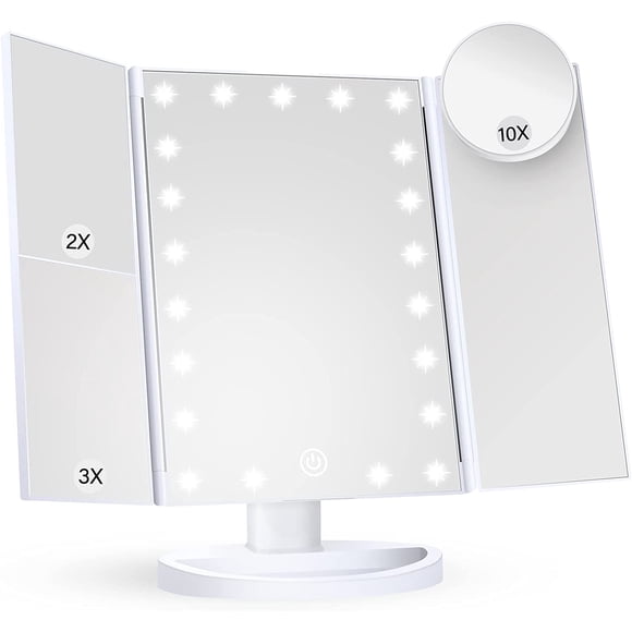 Miroir de Maquillage Miroir de Maquillage avec Lumière, Grossissement 2X 3X 10X, Miroir de Maquillage Éclairé, Commande Tactile, Miroir de Maquillage à Trois Volets, Double Alimentation, Miroir de Maquillage à DEL Portable, Cadeau pour Femmes (Blanc)