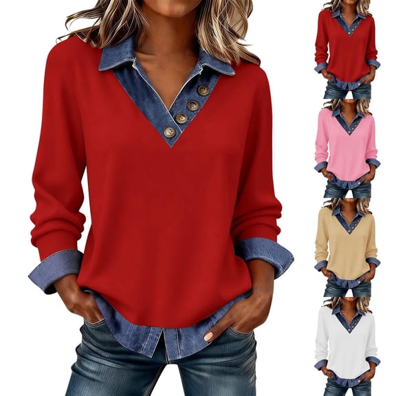 Miluxas Women's Spring Fall Denim Patchwork Long Sleeve Pullover Tops Casual Button Down Collar Sweatshirt Loose Fit Shirt White XL(XL)