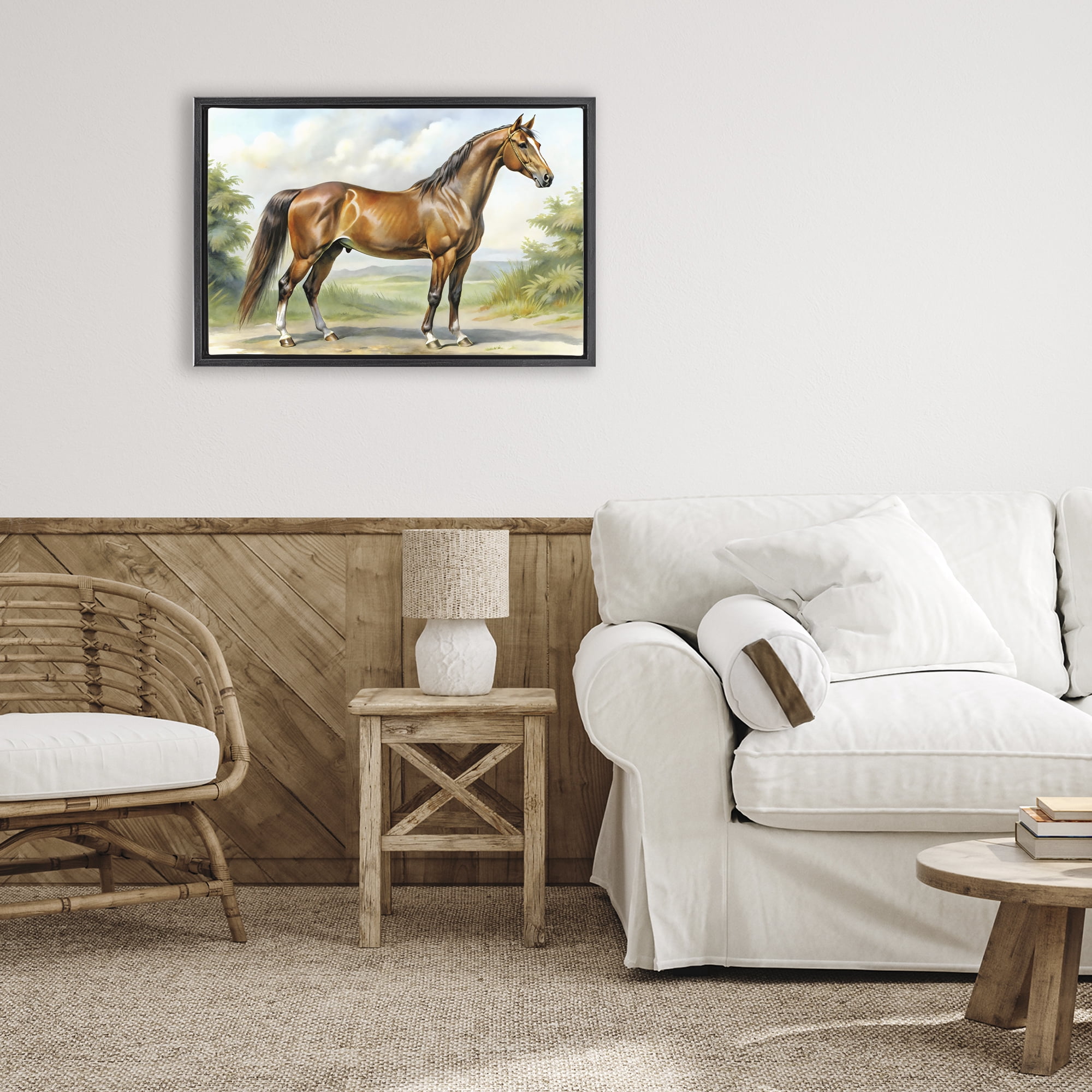 Stupell Industries Majestic Horse in Pastoral Landscape Black Framed Floater Canvas Wall Art, design by Creative Studio