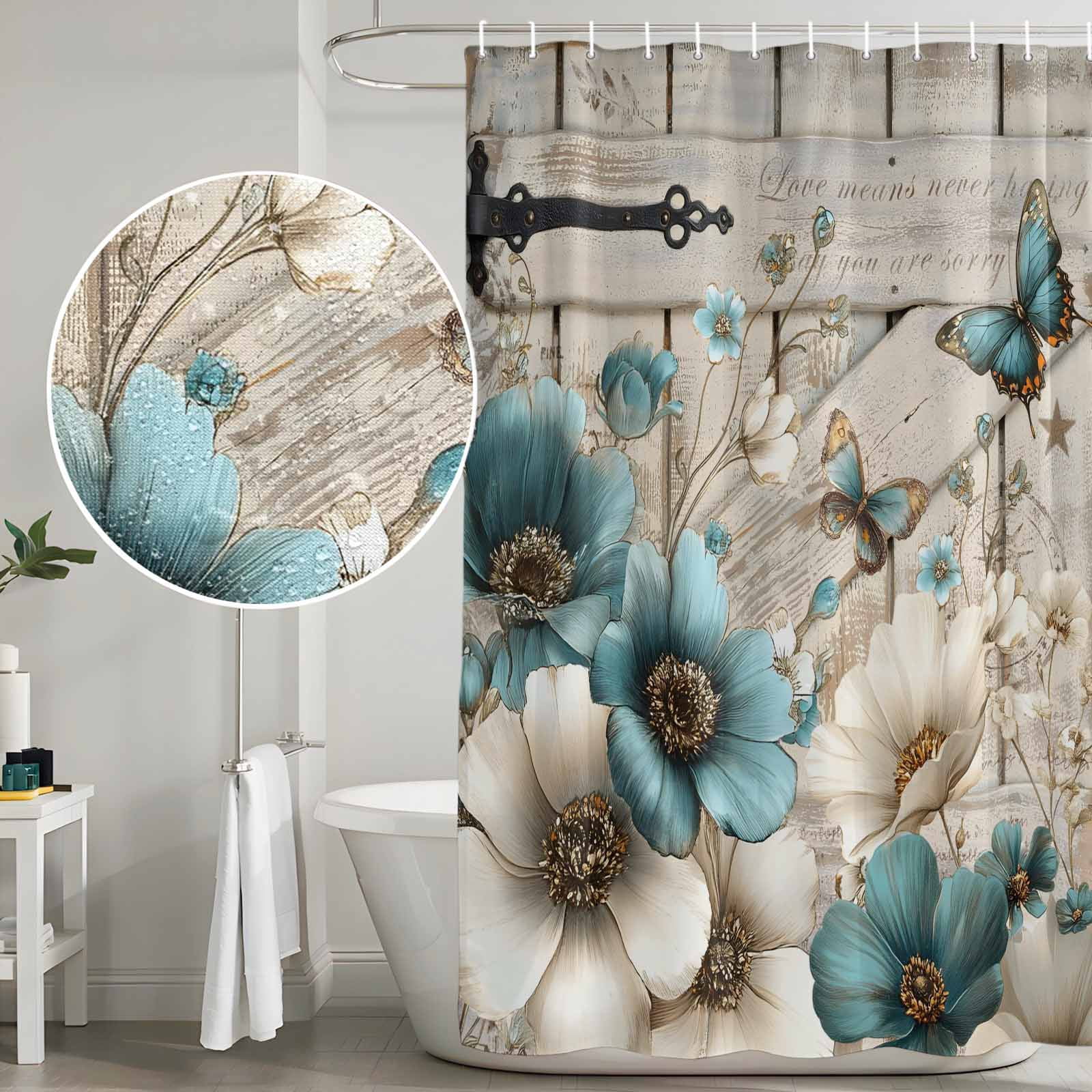 Teal Tulip Butterfly Shower Curtain, Waterproof Shower Curtains for Bathroom, Beige Turquoise Floral Farmhouse Wooden Washable Fabric Bathtub Curtain Set Bath Decor with 12 Hooks Stall 36"x72"
