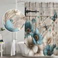 thumbnail image 5 of Teal Tulip Butterfly Shower Curtain, Waterproof Shower Curtains for Bathroom, Beige Turquoise Floral Farmhouse Wooden Washable Fabric Bathtub Curtain Set Bath Decor with 12 Hooks 72"x78", 5 of 8